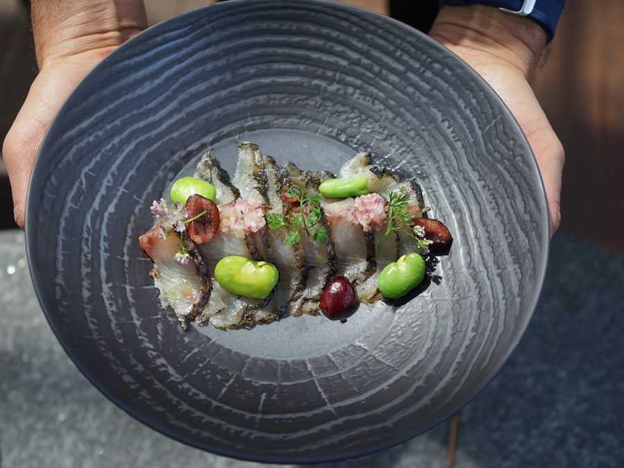Kampachi ahumado con ceniza de verduras, haba verde e infusión de manzanilla Foto: Mariana Castillo